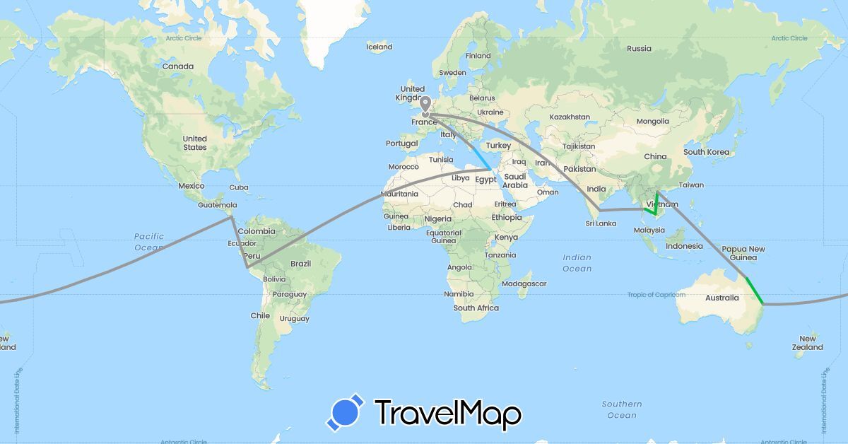 TravelMap itinerary: driving, bus, plane, boat in Australia, Costa Rica, Egypt, France, Greece, India, Cambodia, Peru, Thailand, Vietnam (Africa, Asia, Europe, North America, Oceania, South America)